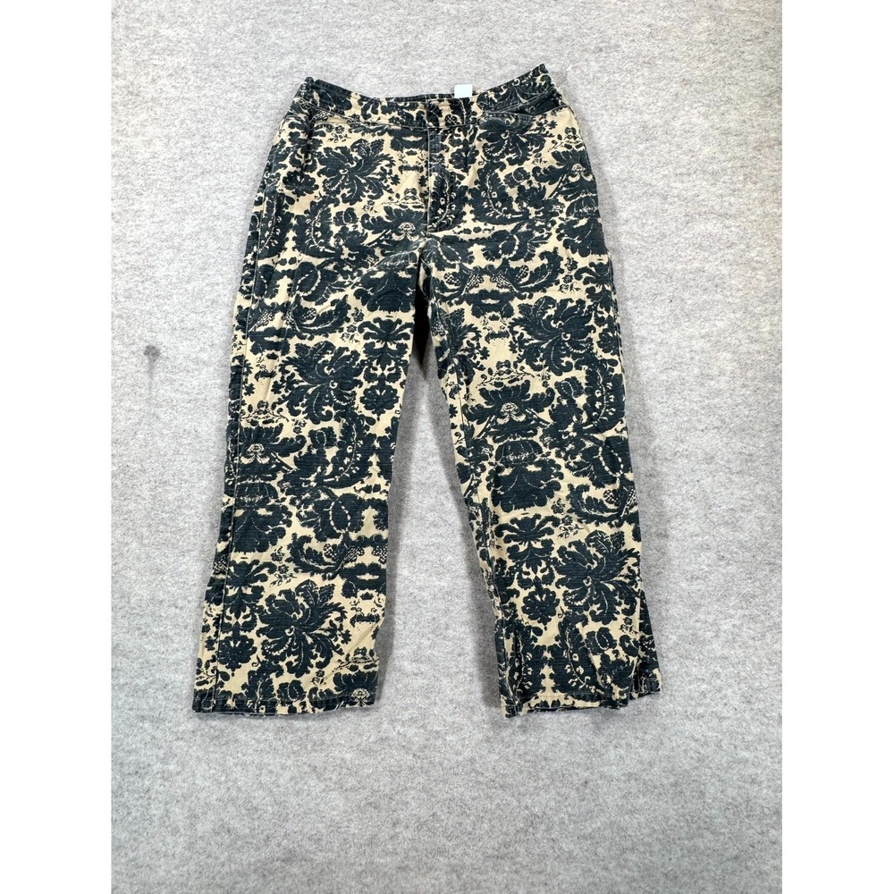 Liz Claiborne Audra Crop Pants Womens 4 Beige Black Tapestry Print Straight Leg